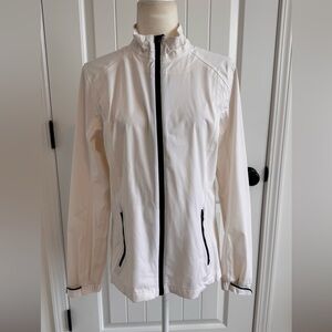 Lady Hagen Size Medium White Rain Jacket with black zippers/accents.